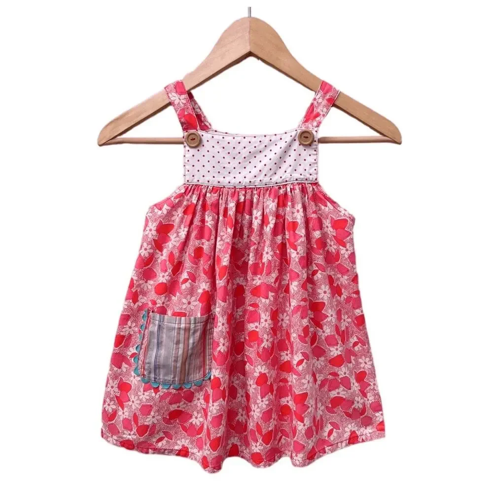 🦄 3/$36 Misha Lulu Pinafore Dress Girls 2 Pink Floral Polka Dot Patch Pocket